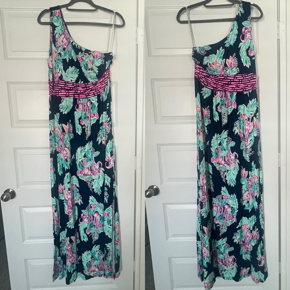 Lilly Pulitzer Malia One Shoulder Maxi Dress Inky Navy Peanut Gallery Engineered